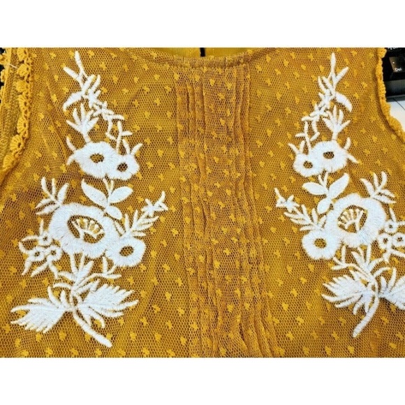 Blue Rain Casual Dress Mustard Yellow Lacy Floral Embroidered Cottage Womens XXS - Picture 5 of 6